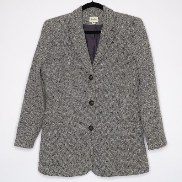 Neiman Marcus Womens Wool Blend Blazer Size 10 Herringbone Academia Chevron Gray - Picture 1 of 7
